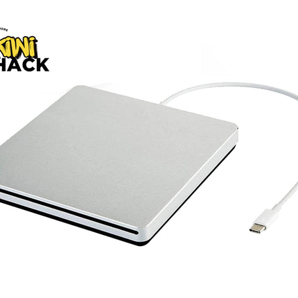 External USB drive with cable on a white background, featuring the Kiwi Shack logo.