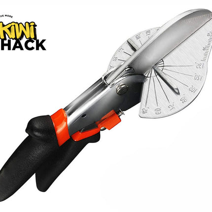 An adjustable angle cutter tool featuring ergonomic black and orange handles, a stainless steel blade, and an integrated metal protractor scale for precise multi-angle cutting against a white background, with the "Kiwi Shack" logo in the upper left corner.