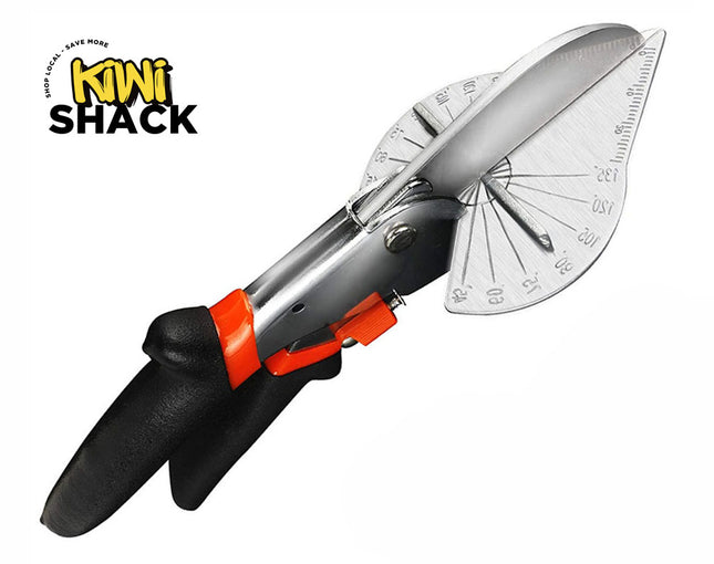 An adjustable angle cutter tool featuring ergonomic black and orange handles, a stainless steel blade, and an integrated metal protractor scale for precise multi-angle cutting against a white background, with the "Kiwi Shack" logo in the upper left corner.