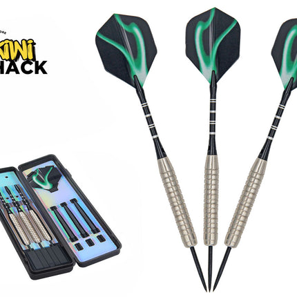 Set of three steel-tipped darts with knurled silver barrels, black shafts, and black-and-green abstract patterned flights, shown alongside an open black hard-shell storage case, featuring Kiwi Shack logo in top left.