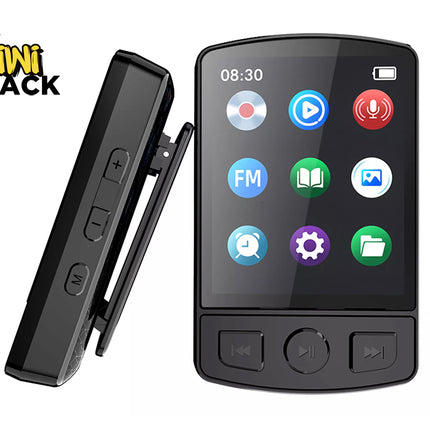 A black portable electronic device shown from two angles on a white background, with a Kiwi Shack logo in the top-left corner. The main view shows the front face with a glossy screen displaying colorful app icons and physical control buttons below.
