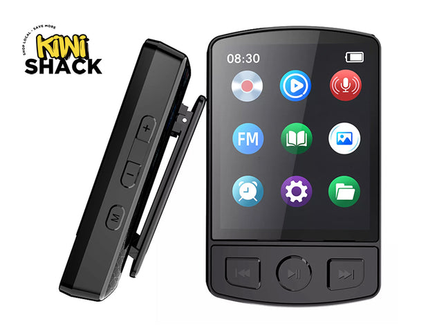 A black portable electronic device shown from two angles on a white background, with a Kiwi Shack logo in the top-left corner. The main view shows the front face with a glossy screen displaying colorful app icons and physical control buttons below.
