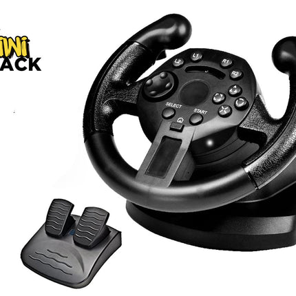 Black racing wheel steering controller with attached base and a separate black pedal assembly, shown on a white background with a Kiwi Shack logo in the top-left corner.