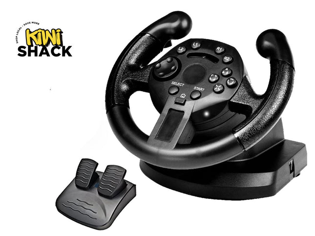 Black racing wheel steering controller with attached base and a separate black pedal assembly, shown on a white background with a Kiwi Shack logo in the top-left corner.