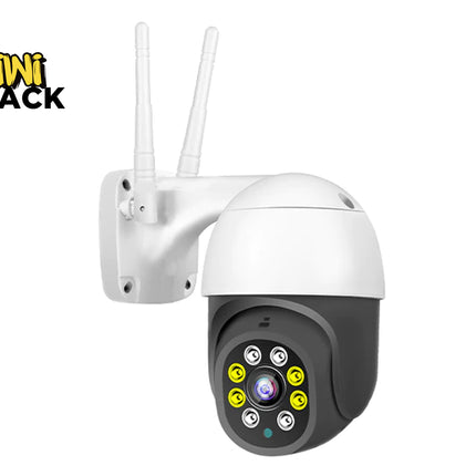 White security camera with antennas on a white background, branded 'Kiwi Shack'.