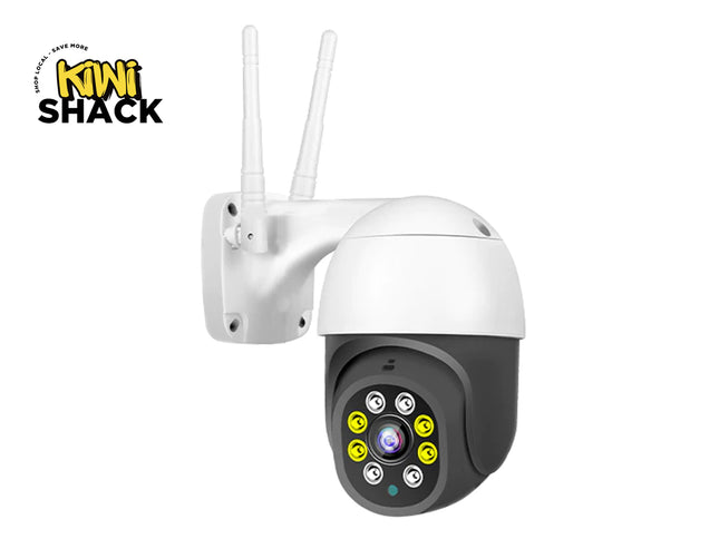 White security camera with antennas on a white background, branded 'Kiwi Shack'.