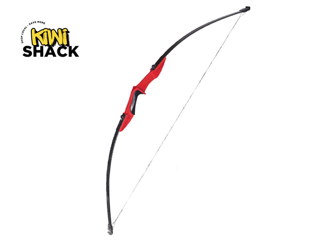 Red and black archery bow with Kiwi Shack logo on a white background