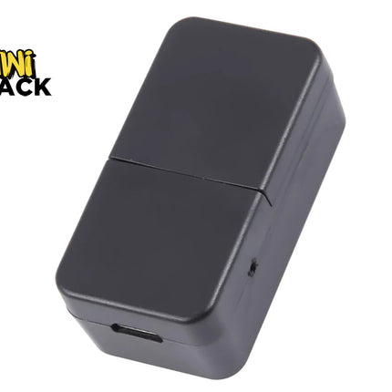 Compact black rectangular plastic electronic enclosure box with a split clamshell body, small side opening, USB/cable port cutout at the bottom edge, and Kiwi Shack logo in top left.