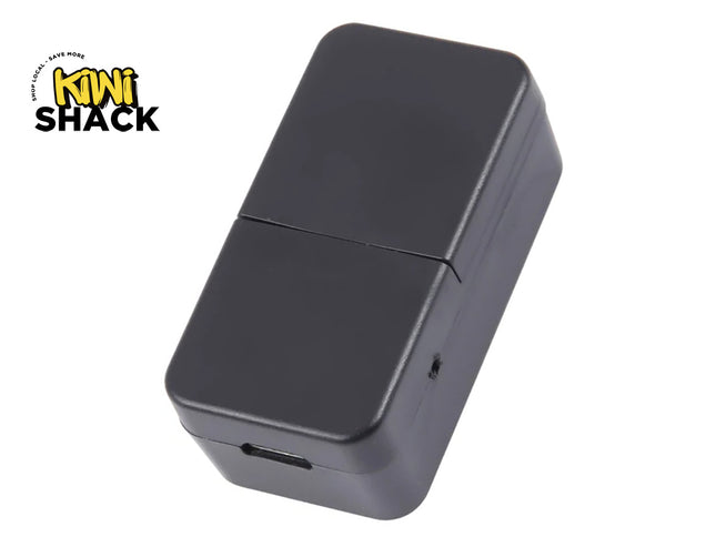 Compact black rectangular plastic electronic enclosure box with a split clamshell body, small side opening, USB/cable port cutout at the bottom edge, and Kiwi Shack logo in top left.