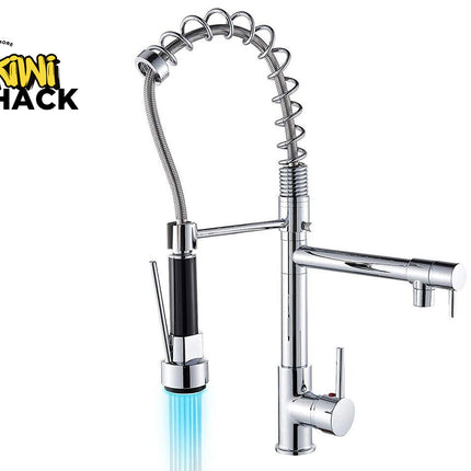 Chrome kitchen faucet with LED indicator light on a white background, featuring the Kiwi Shack brand.