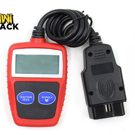 A red and black automotive OBD2 fault code scanner tool with an LCD screen and diagnostic cable connector, featuring the "Kiwi Shack" logo in the top-left corner.