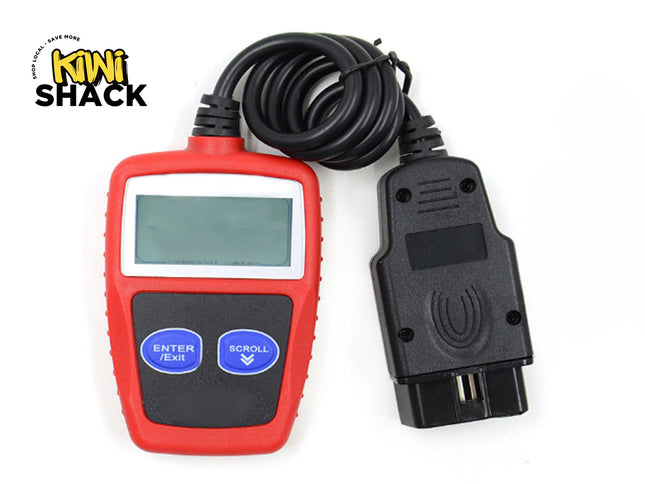 A red and black automotive OBD2 fault code scanner tool with an LCD screen and diagnostic cable connector, featuring the "Kiwi Shack" logo in the top-left corner.