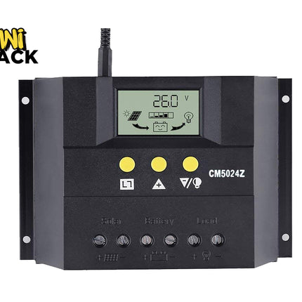 A black CM5024Z solar charge controller featuring a digital LCD screen, control buttons, and screw terminals for solar, battery, and load connections, with the "Kiwi Shack" logo in the top-left corner.