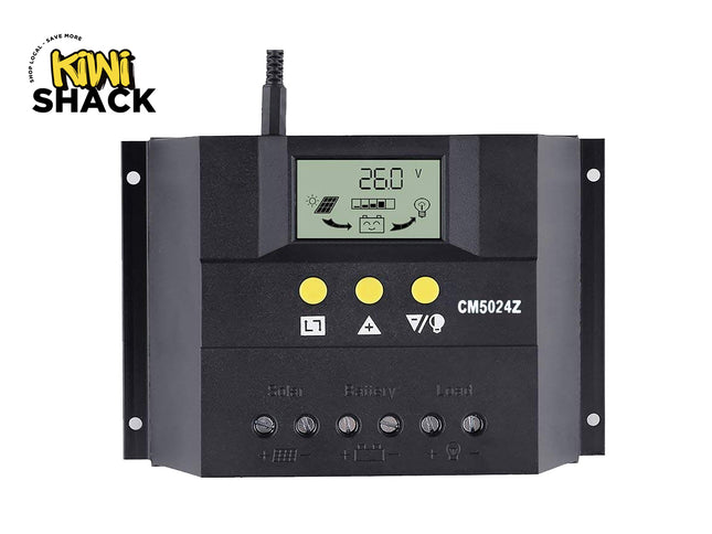 A black CM5024Z solar charge controller featuring a digital LCD screen, control buttons, and screw terminals for solar, battery, and load connections, with the "Kiwi Shack" logo in the top-left corner.