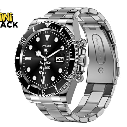 A stainless steel analog watch with a black dial, black bezel, and silver link bracelet, shown on a white background with a Kiwi Shack logo in the top-left corner.