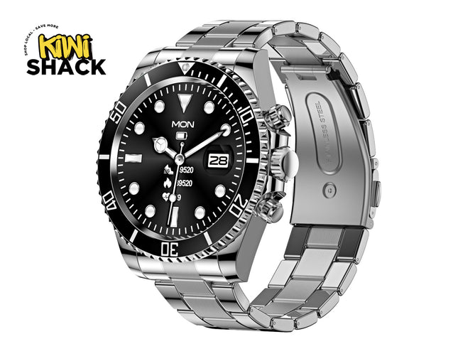 A stainless steel analog watch with a black dial, black bezel, and silver link bracelet, shown on a white background with a Kiwi Shack logo in the top-left corner.