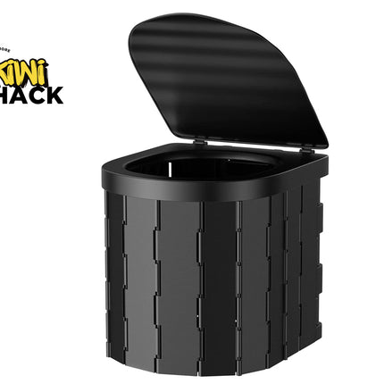 A black plastic trash can with a textured, ribbed exterior and a hinged lid that is open, shown on a white background with the Kiwi Shack logo in the top-left corner.