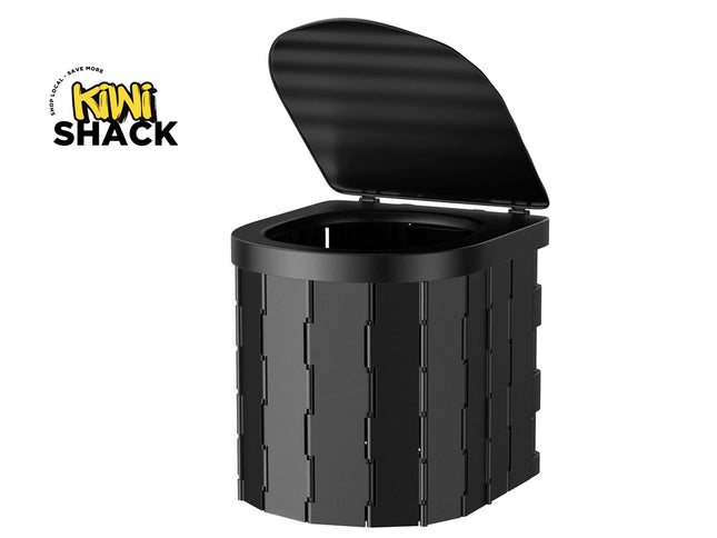 A black plastic trash can with a textured, ribbed exterior and a hinged lid that is open, shown on a white background with the Kiwi Shack logo in the top-left corner.