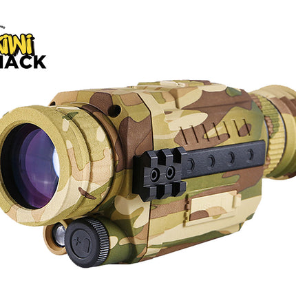 Camouflage binoculars with Kiwi Shack logo on a white background