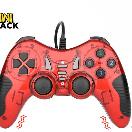 A red transparent wired game controller with dual analog sticks, a D-pad, action buttons labeled 1 through 4, a central USB cable connection, and rumble effect graphics at the bottom against a white background, featuring the "Kiwi Shack" logo in the upper left corner.