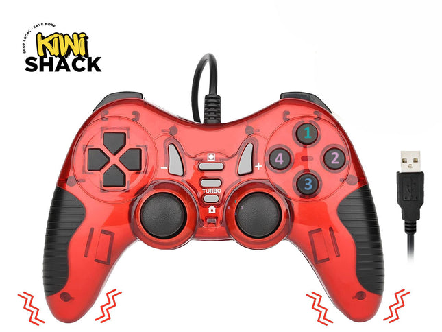 A red transparent wired game controller with dual analog sticks, a D-pad, action buttons labeled 1 through 4, a central USB cable connection, and rumble effect graphics at the bottom against a white background, featuring the "Kiwi Shack" logo in the upper left corner.