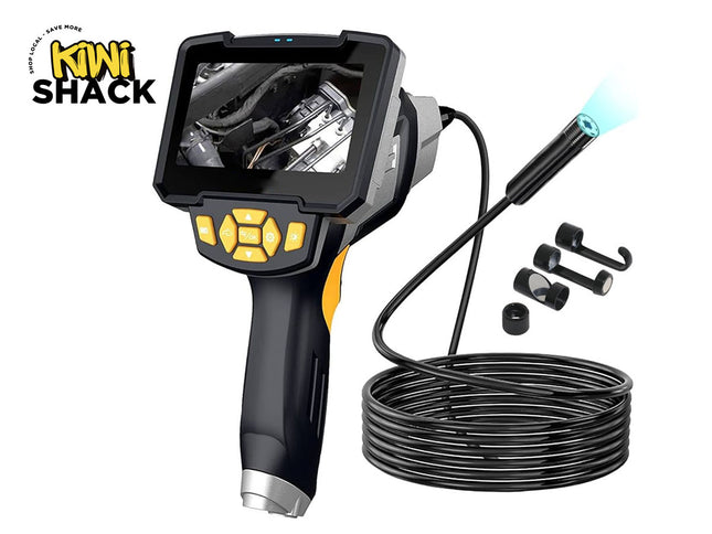 Industrial endoscope with flexible cable and attachments on a white background, branded 'Kiwi Shack'.