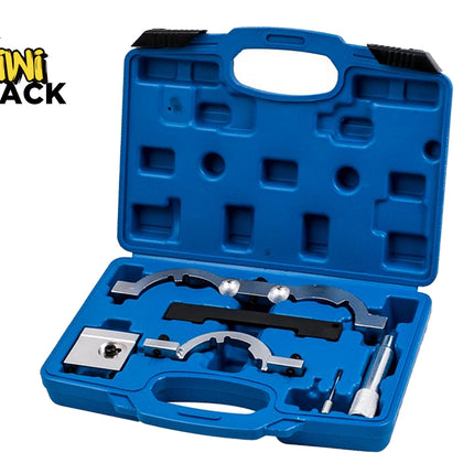 An open blue plastic molded storage case containing specialized automotive engine timing tools, including metal alignment brackets, a locking pin, and other components, set against a white background with the "Kiwi Shack" logo in the top left corner.