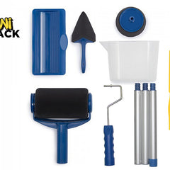 A professional paint roller kit containing a large main roller with black foam cover, a corner painter, a flock edger, a pouring jug, three extension poles, a paint runner tray, and a yellow stirring stick against a white background. A "Kiwi Shack" logo appears in the top-left corner.