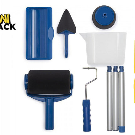 A professional paint roller kit containing a large main roller with black foam cover, a corner painter, a flock edger, a pouring jug, three extension poles, a paint runner tray, and a yellow stirring stick against a white background. A "Kiwi Shack" logo appears in the top-left corner.