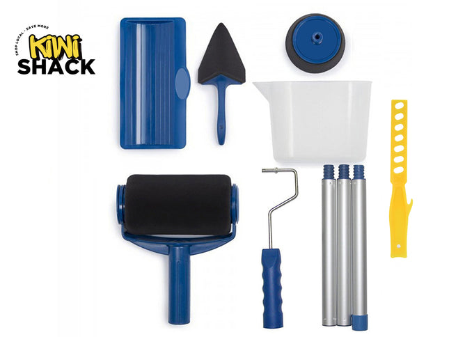 A professional paint roller kit containing a large main roller with black foam cover, a corner painter, a flock edger, a pouring jug, three extension poles, a paint runner tray, and a yellow stirring stick against a white background. A "Kiwi Shack" logo appears in the top-left corner.