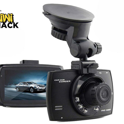 Black dual-view dash cam featuring a front camera unit with IR LEDs, protruding lens, suction cup mount, and an angled rear-facing screen displaying a car driving graphic, labeled "CAR CAM CORDER" and "FHD 1080P", branded with the "Kiwi Shack" logo in the top-left corner.