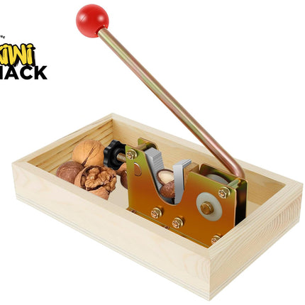Wooden nutcracker with a red handle on a white background, branded 'Kiwi Shack'.