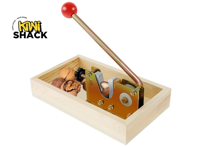 Wooden nutcracker with a red handle on a white background, branded 'Kiwi Shack'.