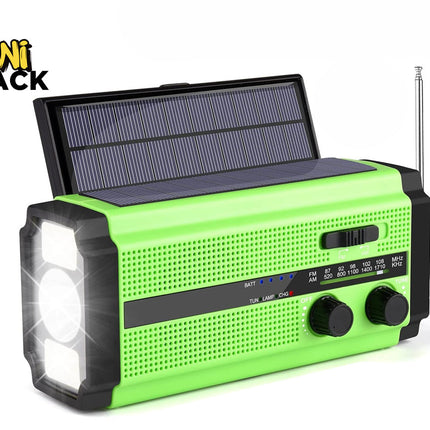 Kiwi Shack green multi-functional emergency solar hand-crank radio with built-in LED flashlight and AM/FM tuner.