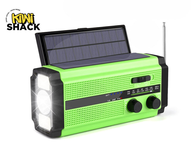Kiwi Shack green multi-functional emergency solar hand-crank radio with built-in LED flashlight and AM/FM tuner.