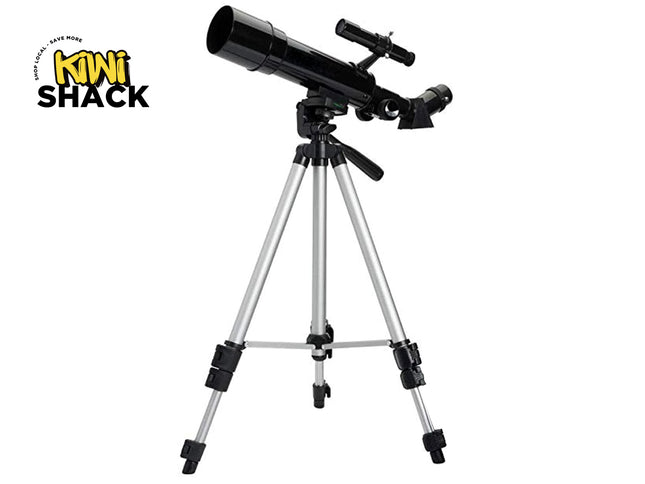 Telescope on a tripod with Kiwi Shack logo in the corner