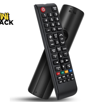 Two black replacement TV remote controls crossed against each other showing numeric keys, red power button, navigation pad, colored shortcut buttons, curved brushed metallic-finish backing, and Kiwi Shack logo in top left.
