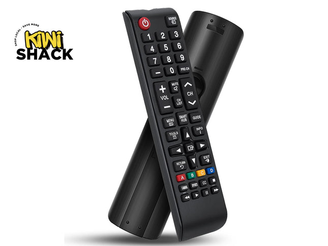 Two black replacement TV remote controls crossed against each other showing numeric keys, red power button, navigation pad, colored shortcut buttons, curved brushed metallic-finish backing, and Kiwi Shack logo in top left.
