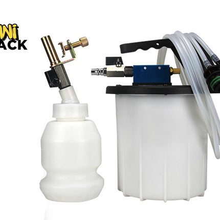 Kini Shack mini foam cannon and foam tank kit on a white background, featuring a white plastic bottle with a brass and black spray nozzle on the left, and a white plastic tank with a black top, blue pump housing, and clear hoses on the right.