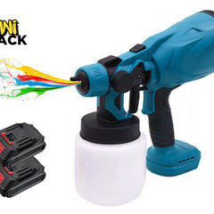 Blue spray gun with white container and two black batteries on a white background, featuring Kiwi Shack logo.