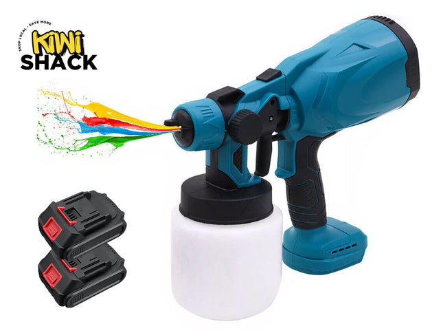Blue spray gun with white container and two black batteries on a white background, featuring Kiwi Shack logo.