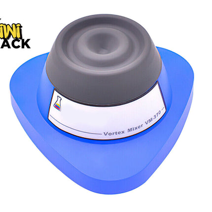 Vortex mixer with gray top and blue base on a white background, featuring Kiwi Shack logo.