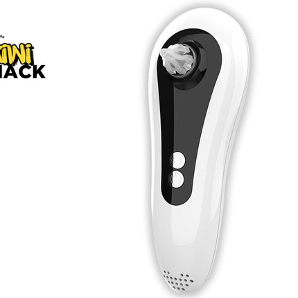 White electronic device with black accents on a white background, featuring the Kiwi Shack logo.