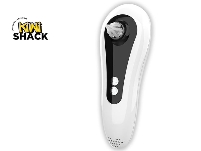 White electronic device with black accents on a white background, featuring the Kiwi Shack logo.