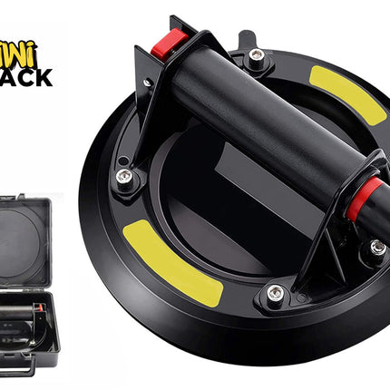 A heavy-duty black heavy-duty vacuum suction cup lifter with a central handle, yellow accent strips, and a matching protective black carrying case shown in the corner, against a white background, featuring the "Kiwi Shack" logo in the upper left corner.