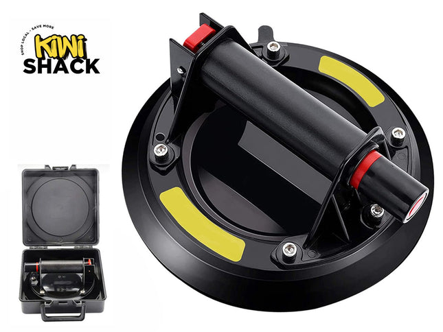A heavy-duty black heavy-duty vacuum suction cup lifter with a central handle, yellow accent strips, and a matching protective black carrying case shown in the corner, against a white background, featuring the "Kiwi Shack" logo in the upper left corner.