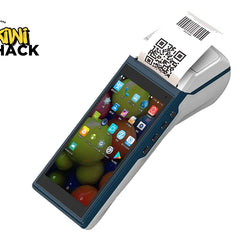 Portable device with a screen displaying apps and a printed receipt with QR code, branded 'Kiwi Shack'.