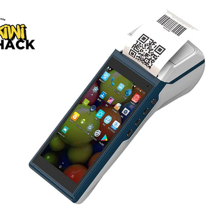 Portable device with a screen displaying apps and a printed receipt with QR code, branded 'Kiwi Shack'.