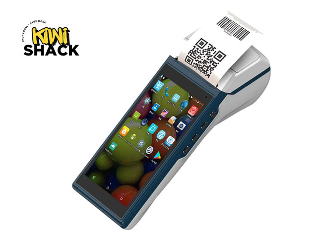 Portable device with a screen displaying apps and a printed receipt with QR code, branded 'Kiwi Shack'.