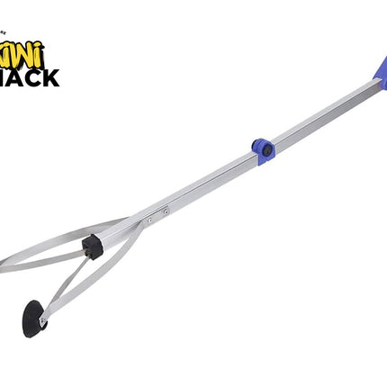 A long folding litter picker grabber tool with a silver aluminum shaft, a blue handle and trigger, and rubber-padded gripping claws against a white background, featuring the "Kiwi Shack" logo in the upper left corner.